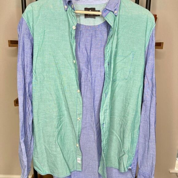 Hawkins McGill Mens Button Down Long Sleeve Shirt Green Blue Medium - Picture 1 of 4